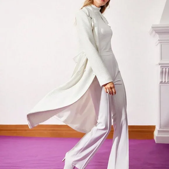 White Elegant Women's Belted Pearl Trim Tweed Coat - Picture 3 of 9